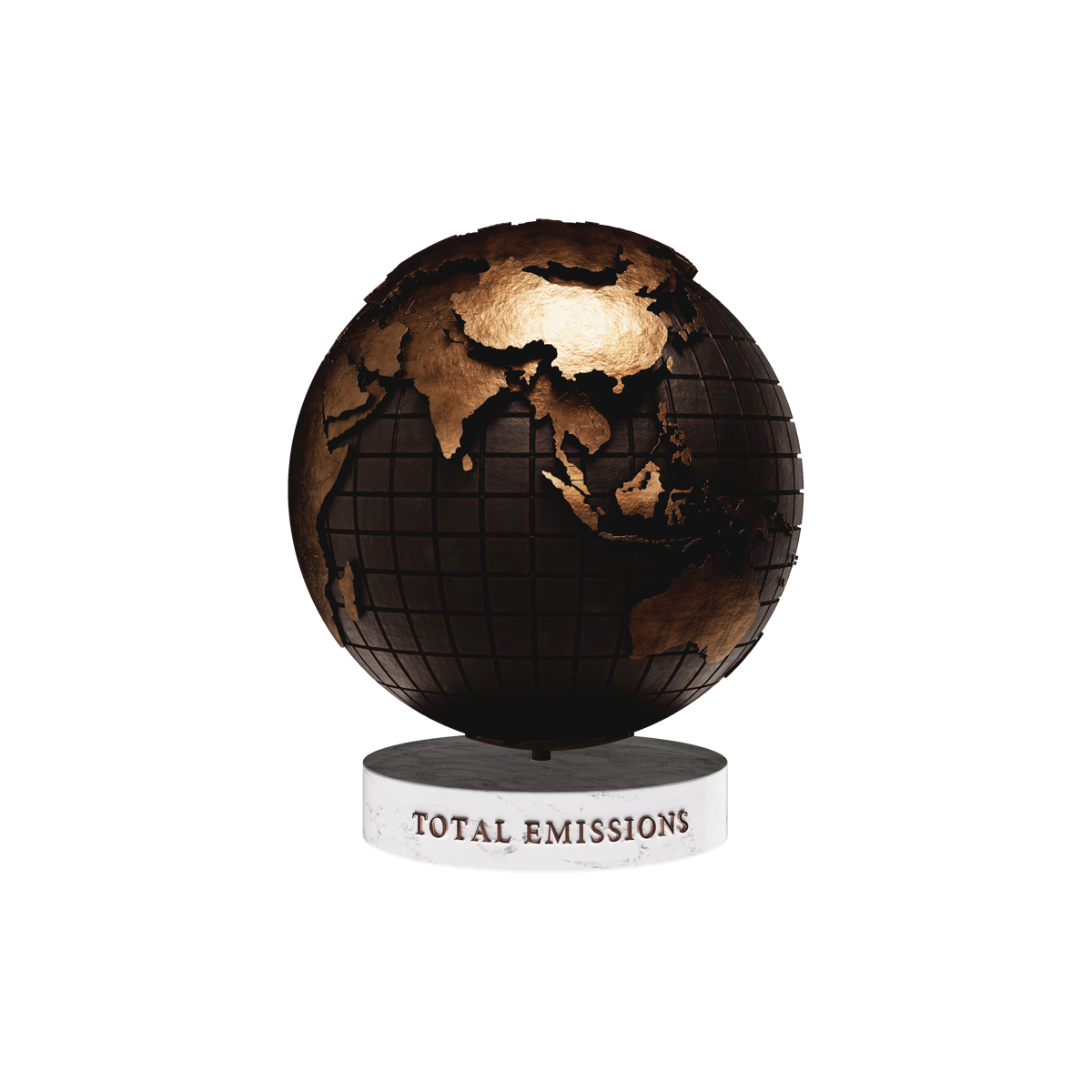 Total Emissions: bronze globe with raised geographic relief on its inscribed Carrara marble base