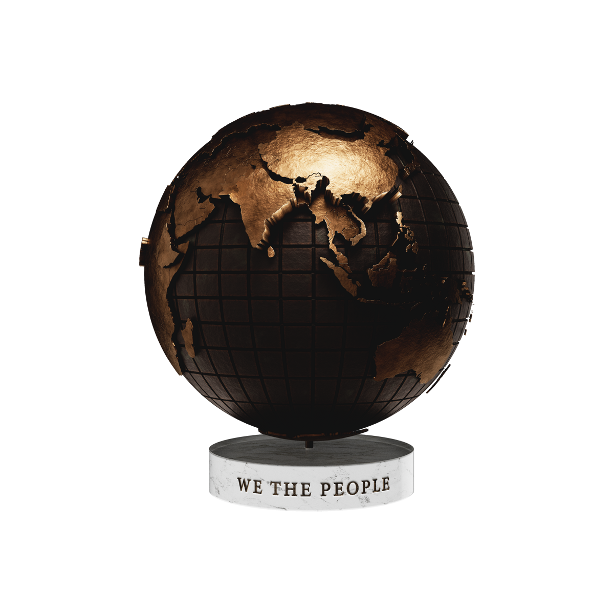 We The People: bronze globe with raised geographic relief on its inscribed Carrara marble base