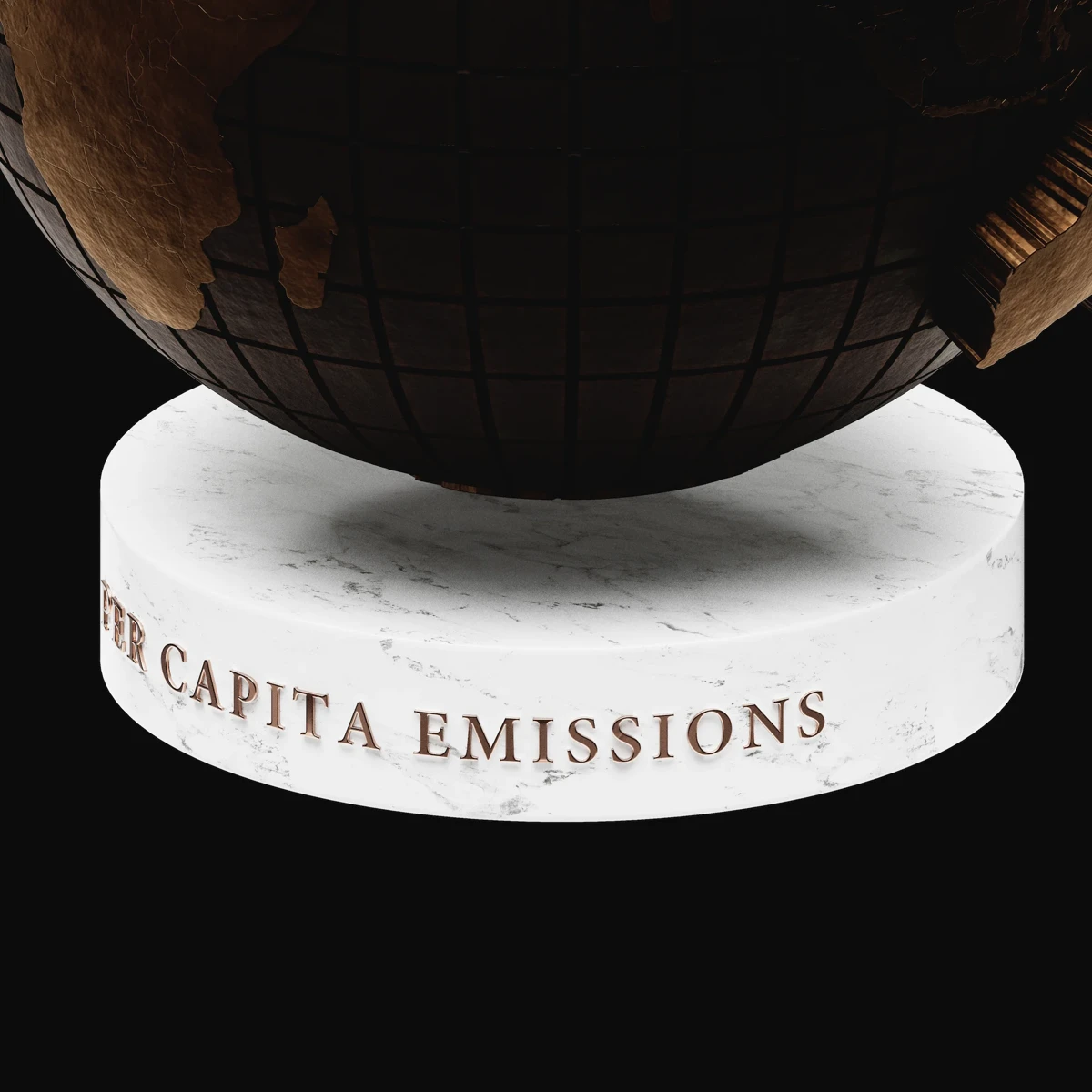 Per Capita Emissions: close detail of the cast bronze surface above the Carrara marble base and its inscription