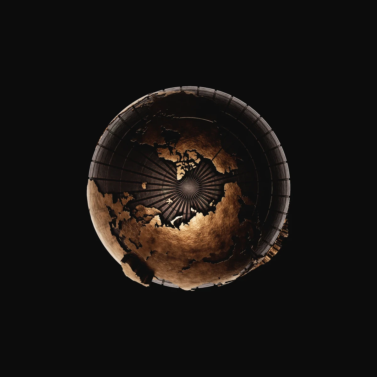 Per Capita Emissions: view from above the bronze globe, looking down onto the polar relief and meridian lines