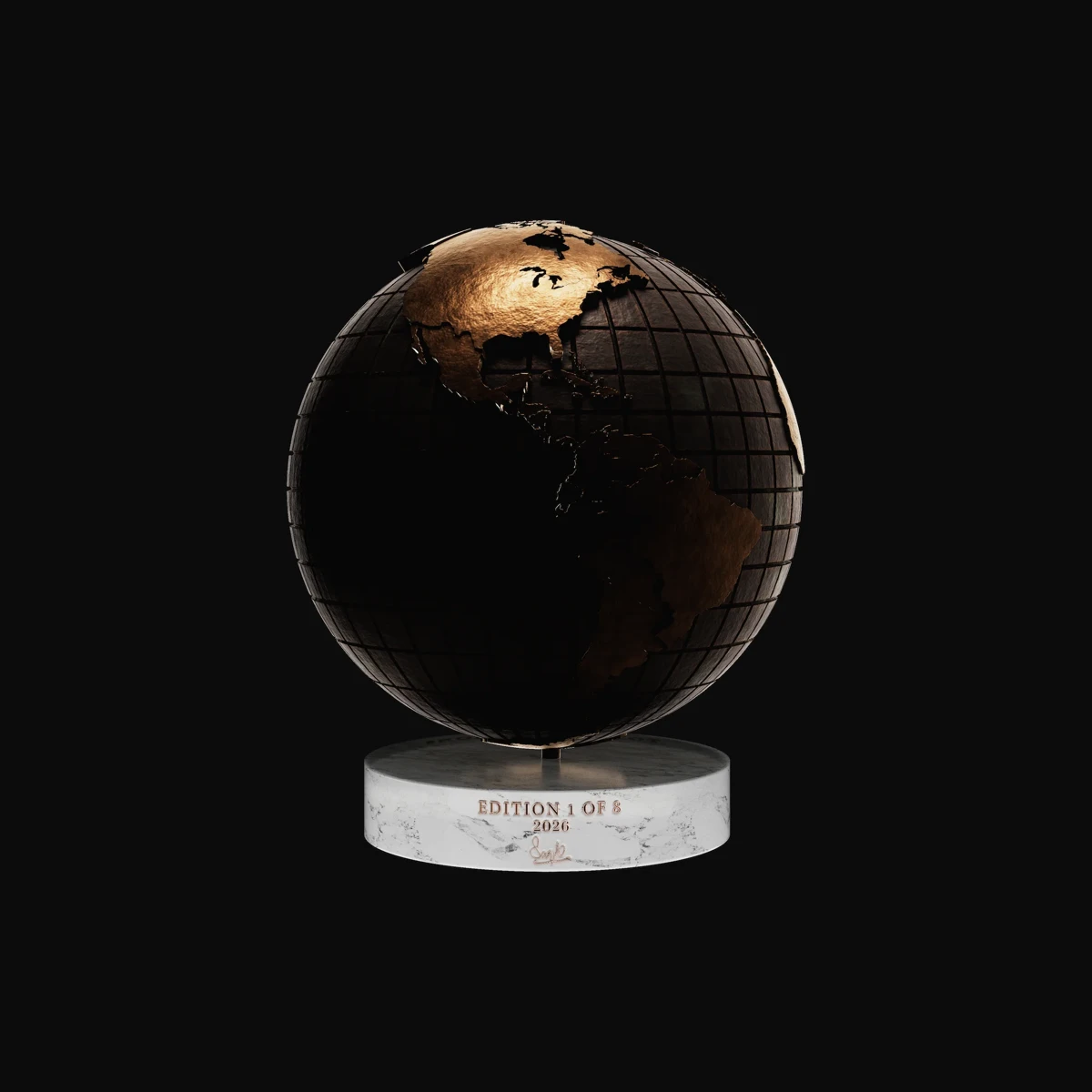 Total Emissions: reverse view of the bronze globe showing the edition marking on the Carrara marble base