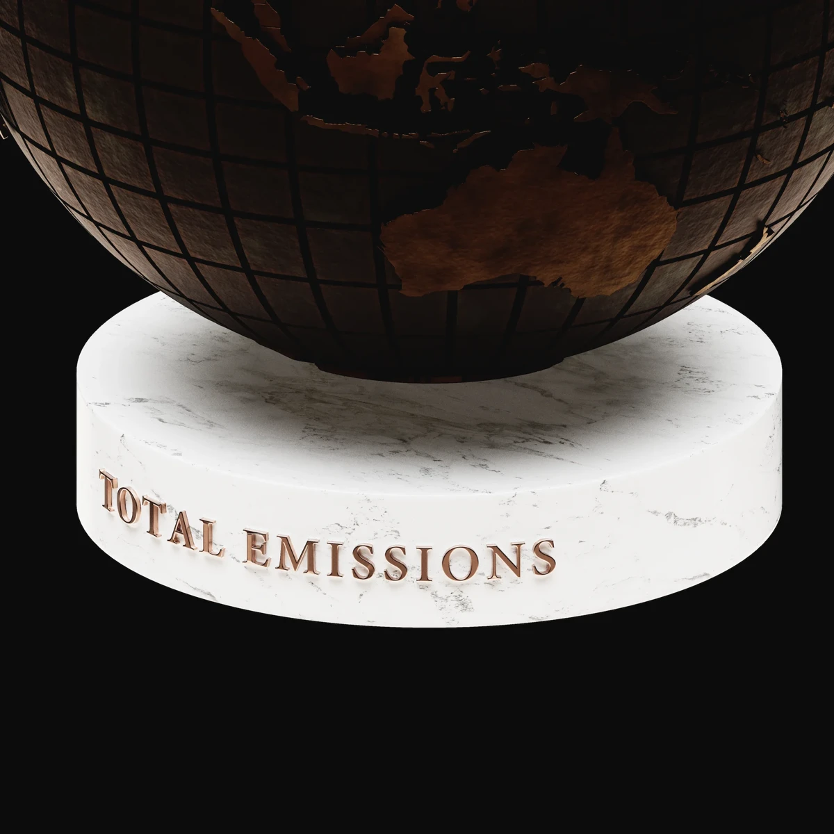 Total Emissions: close detail of the cast bronze surface above the Carrara marble base and its inscription
