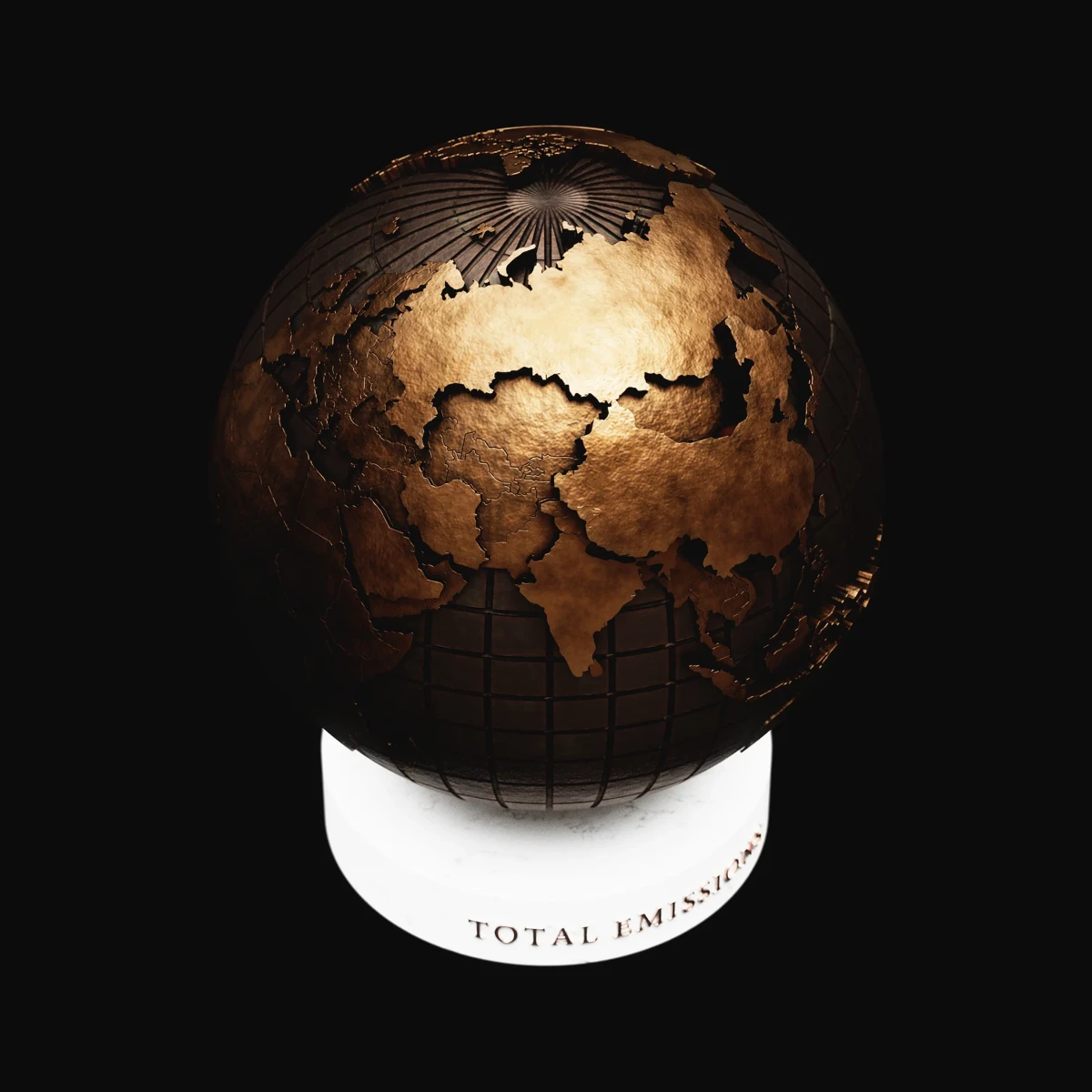 Total Emissions: side view of the bronze globe, its relief catching the light, above the Carrara marble base