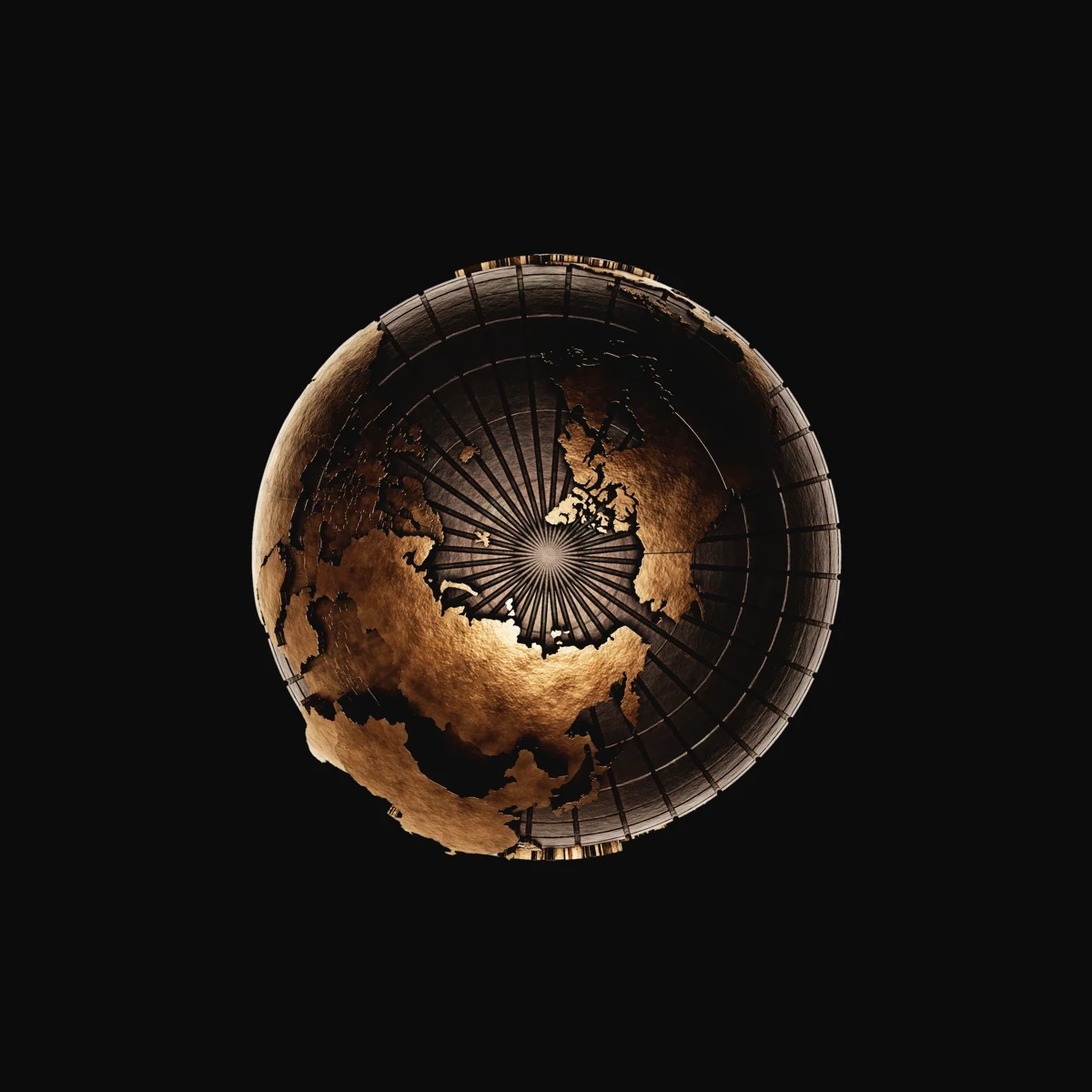 Total Emissions: view from above the bronze globe, looking down onto the polar relief and meridian lines