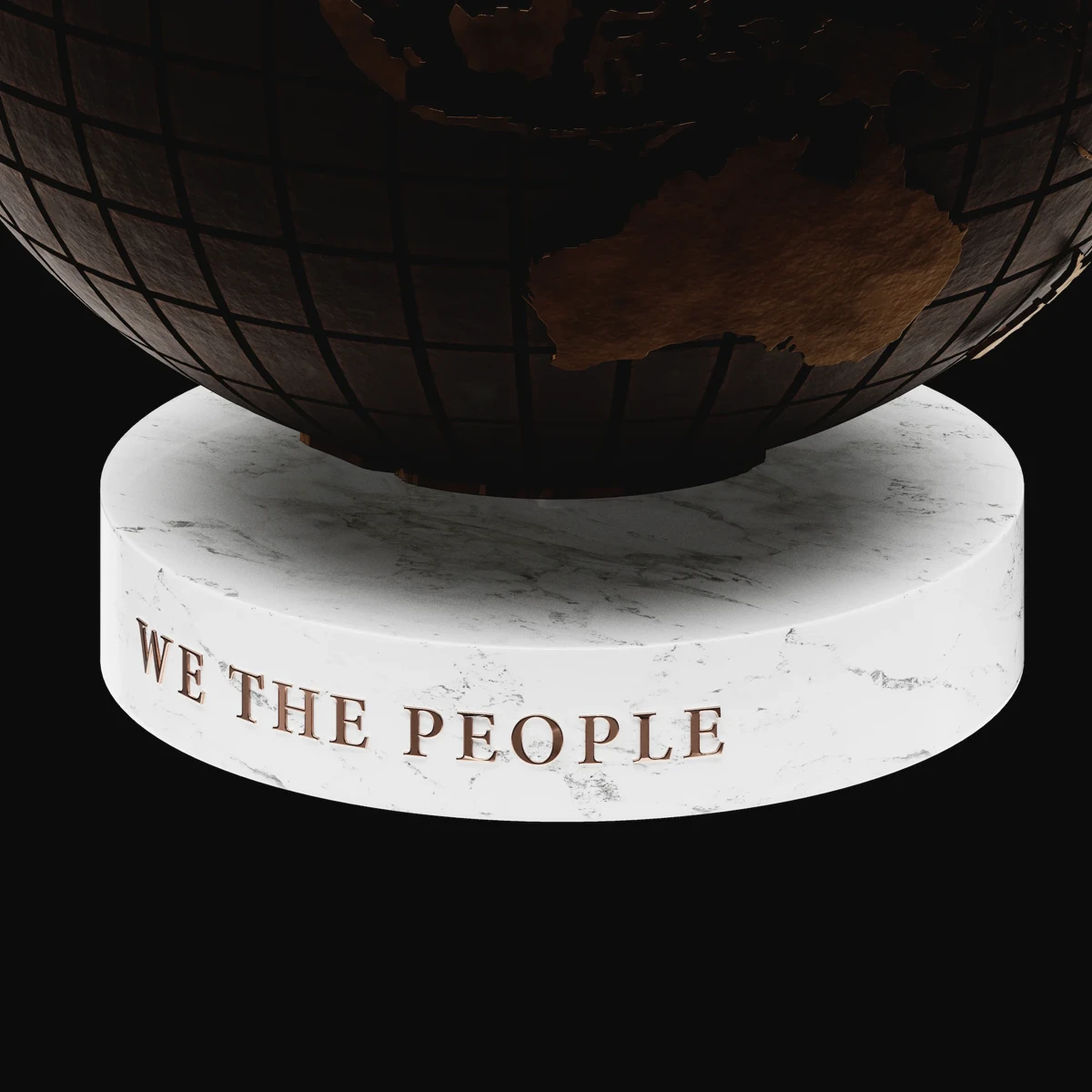 We The People: close detail of the cast bronze surface above the Carrara marble base and its inscription