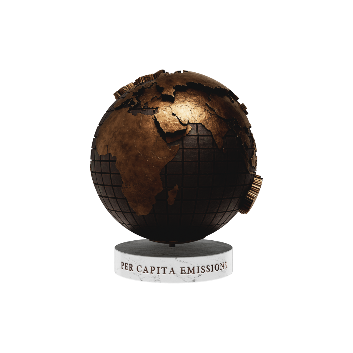 Per Capita Emissions: bronze globe with raised geographic relief on its inscribed Carrara marble base