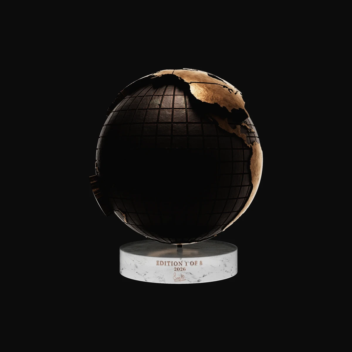Per Capita Emissions: reverse view of the bronze globe showing the edition marking on the Carrara marble base
