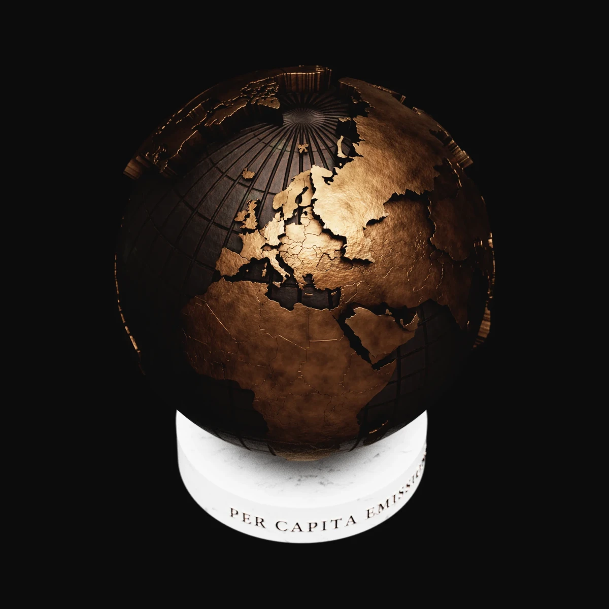 Per Capita Emissions: side view of the bronze globe, its relief catching the light, above the Carrara marble base