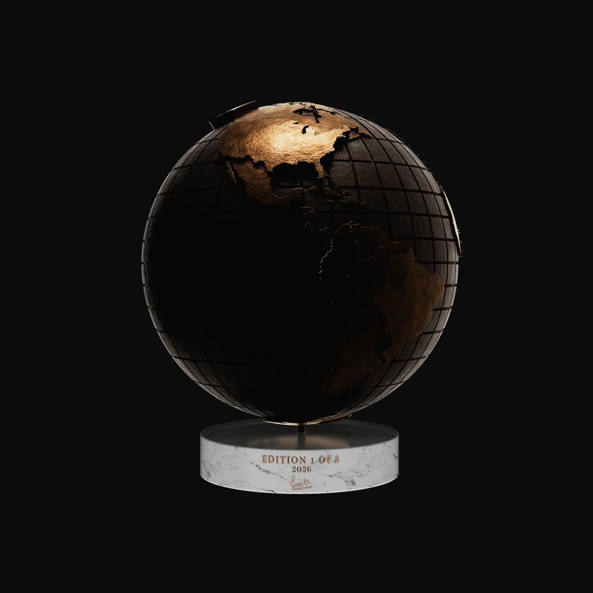 We The People: reverse view of the bronze globe showing the edition marking on the Carrara marble base