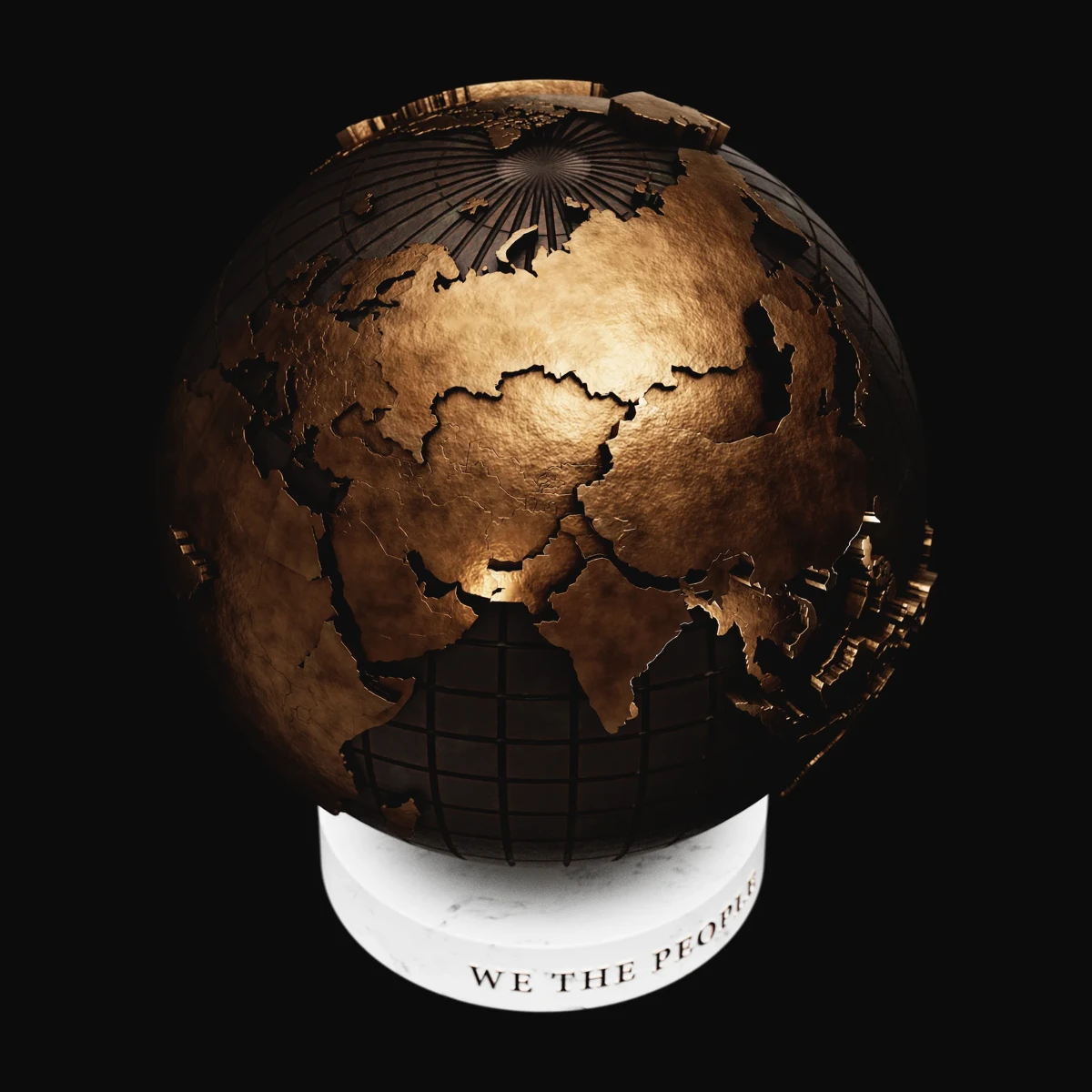 We The People: side view of the bronze globe, its relief catching the light, above the Carrara marble base