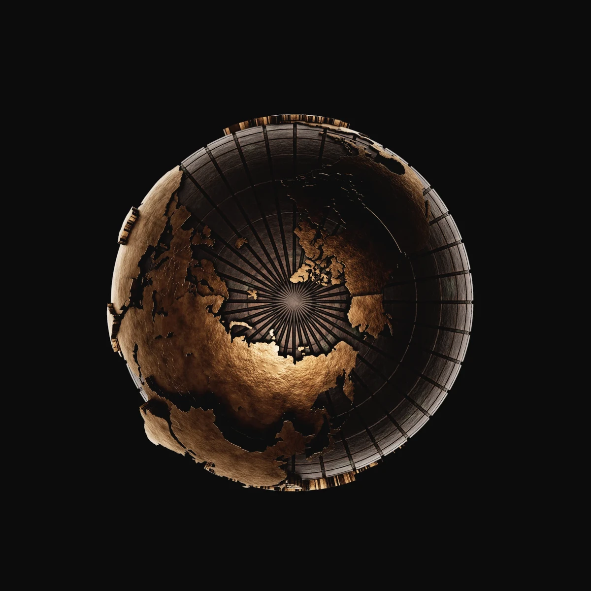 We The People: view from above the bronze globe, looking down onto the polar relief and meridian lines